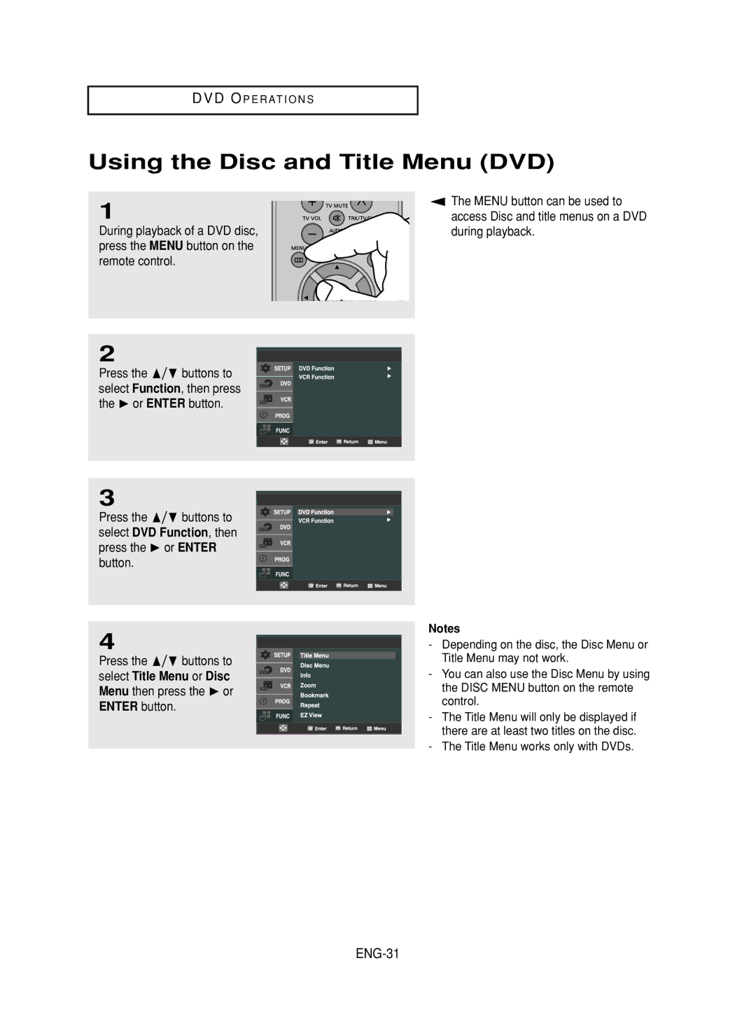 LG Electronics DVD-V9800 instruction manual Using the Disc and Title Menu DVD, ENG-31 