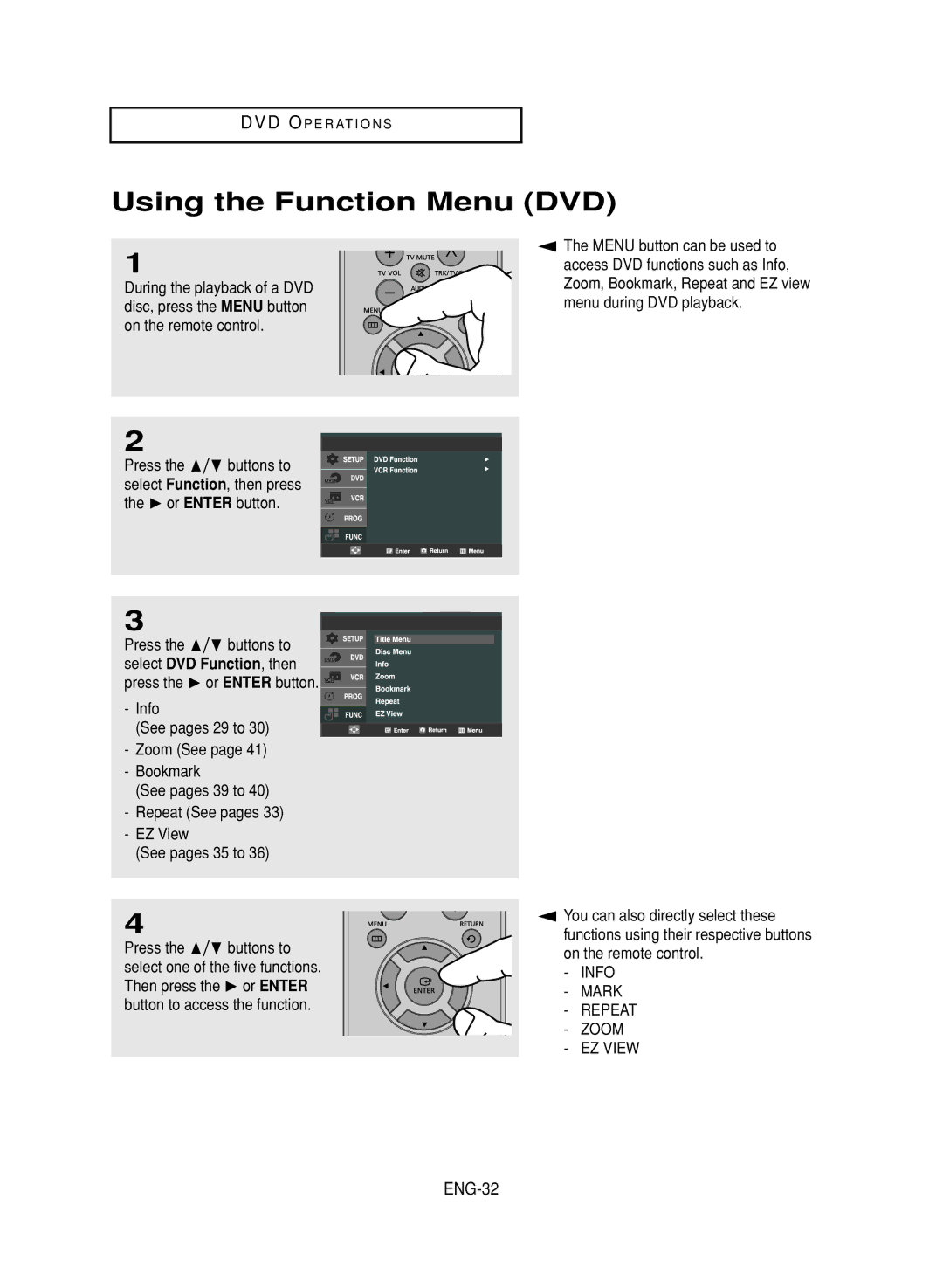 LG Electronics DVD-V9800 instruction manual Using the Function Menu DVD, ENG-32 