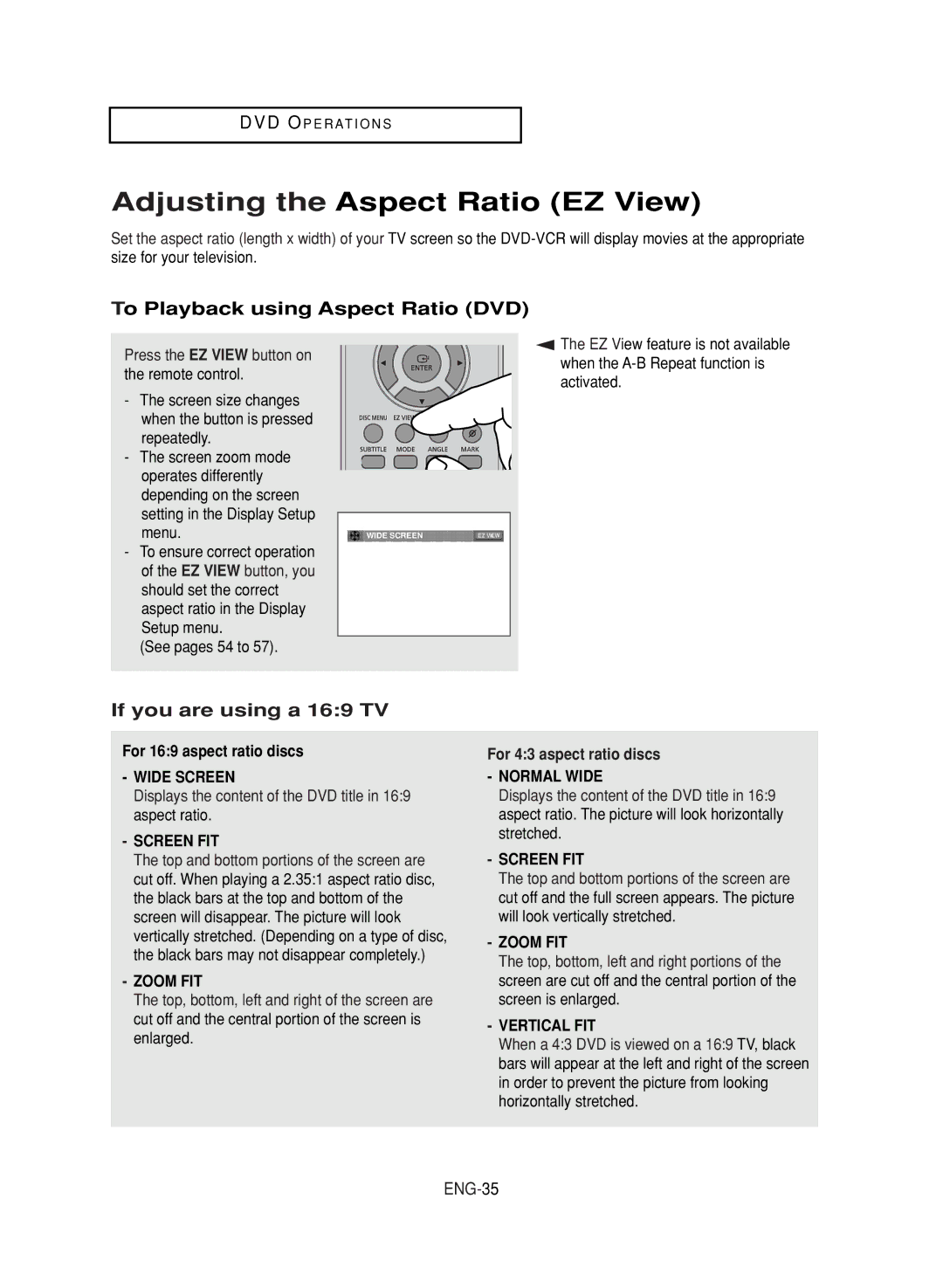 LG Electronics DVD-V9800 Adjusting the Aspect Ratio EZ View, To Playback using Aspect Ratio DVD, If you are using a 169 TV 