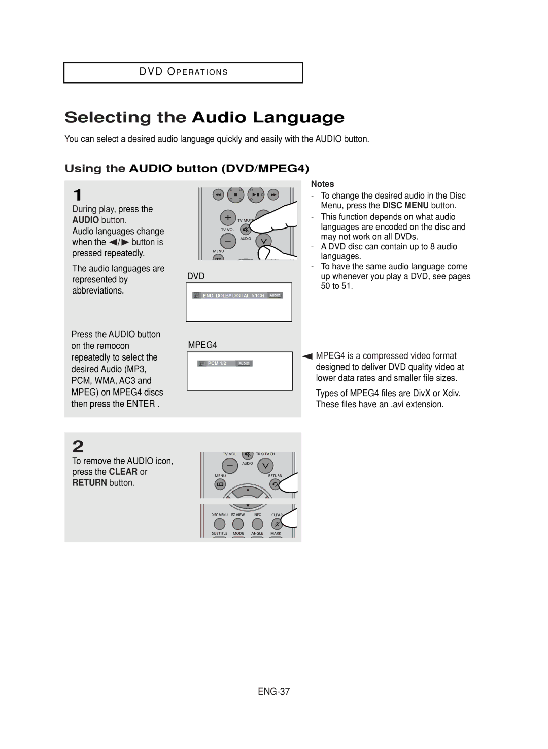 LG Electronics DVD-V9800 instruction manual Selecting the Audio Language, Using the Audio button DVD/MPEG4, ENG-37 