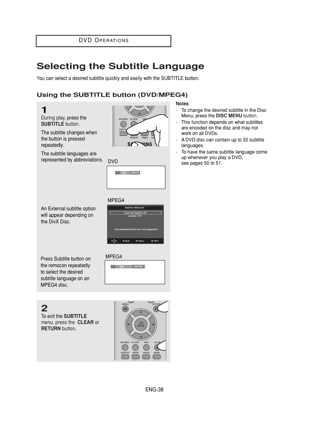 LG Electronics DVD-V9800 Selecting the Subtitle Language, Using the Subtitle button DVD/MPEG4, ENG-38, Remocon repeatedly 