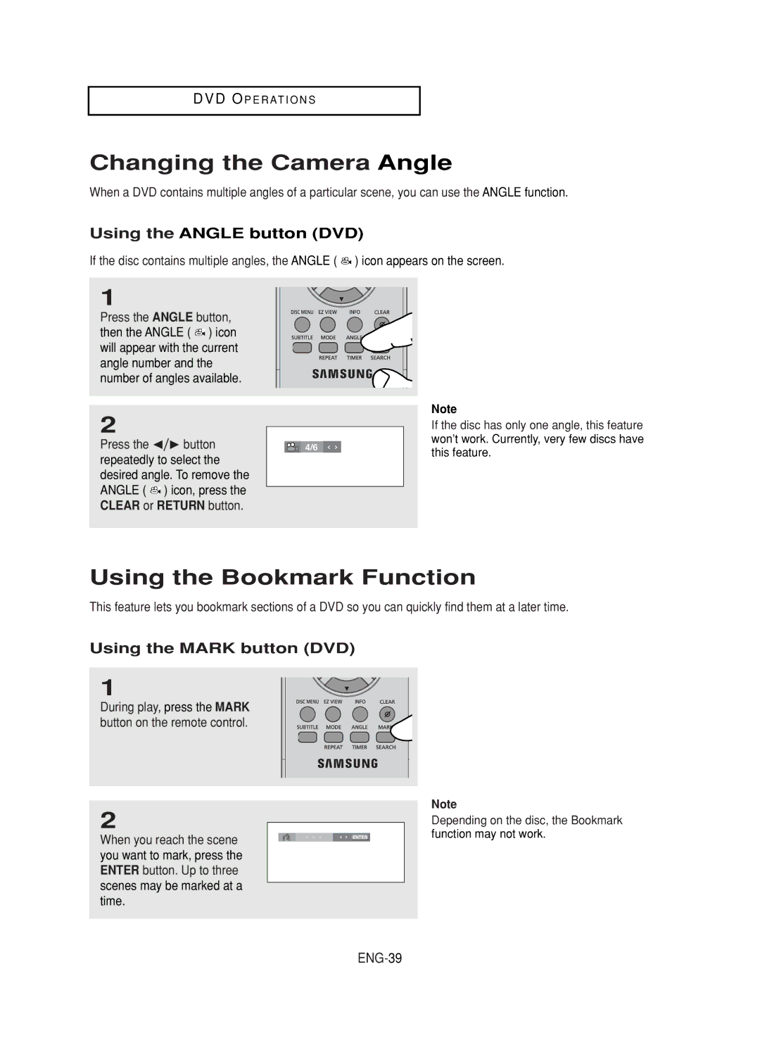 LG Electronics DVD-V9800 Changing the Camera Angle, Using the Bookmark Function, Using the Angle button DVD, ENG-39 