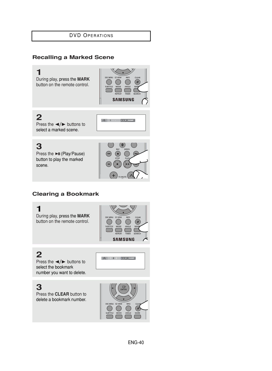 LG Electronics DVD-V9800 instruction manual Recalling a Marked Scene, Clearing a Bookmark, ENG-40 