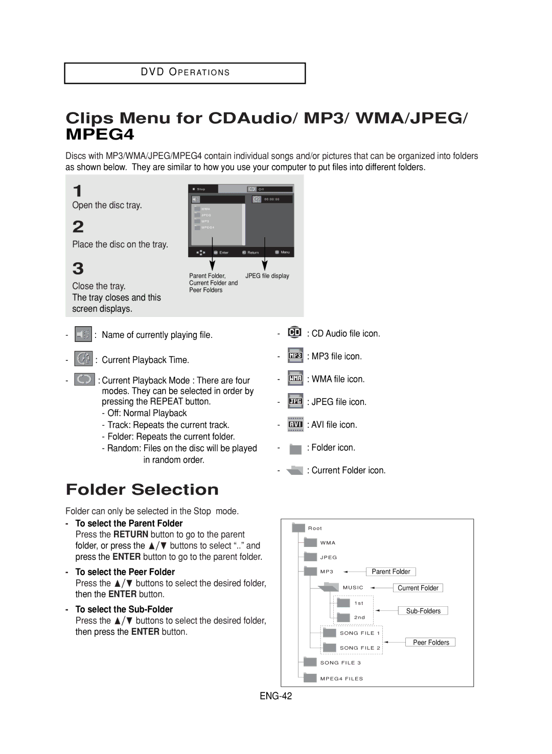 LG Electronics DVD-V9800 instruction manual Clips Menu for CDAudio/ MP3/ WMA/JPEG/ MPEG4, Folder Selection, ENG-42 