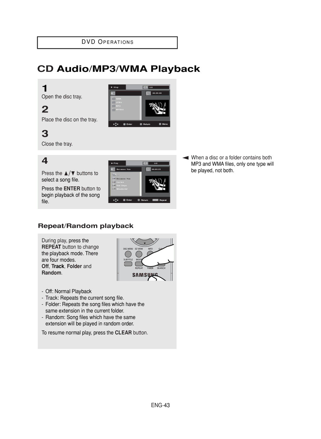 LG Electronics DVD-V9800 CD Audio/MP3/WMA Playback, Repeat/Random playback, ENG-43, Off, Track, Folder Random 