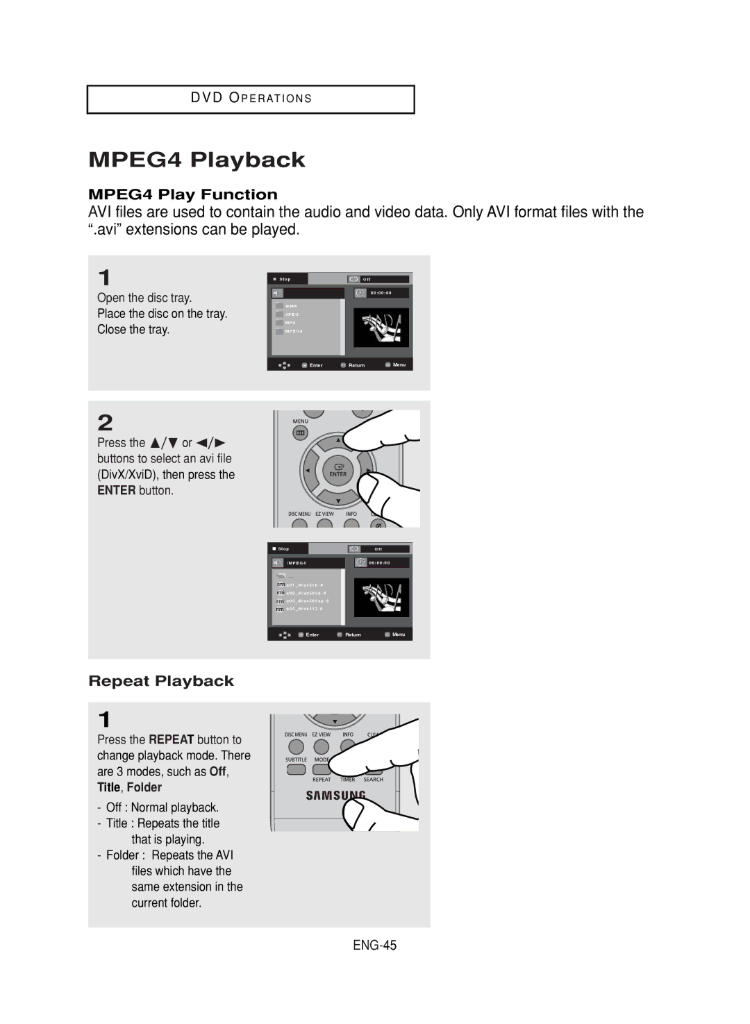 LG Electronics DVD-V9800 instruction manual MPEG4 Playback, MPEG4 Play Function, Repeat Playback, ENG-45 