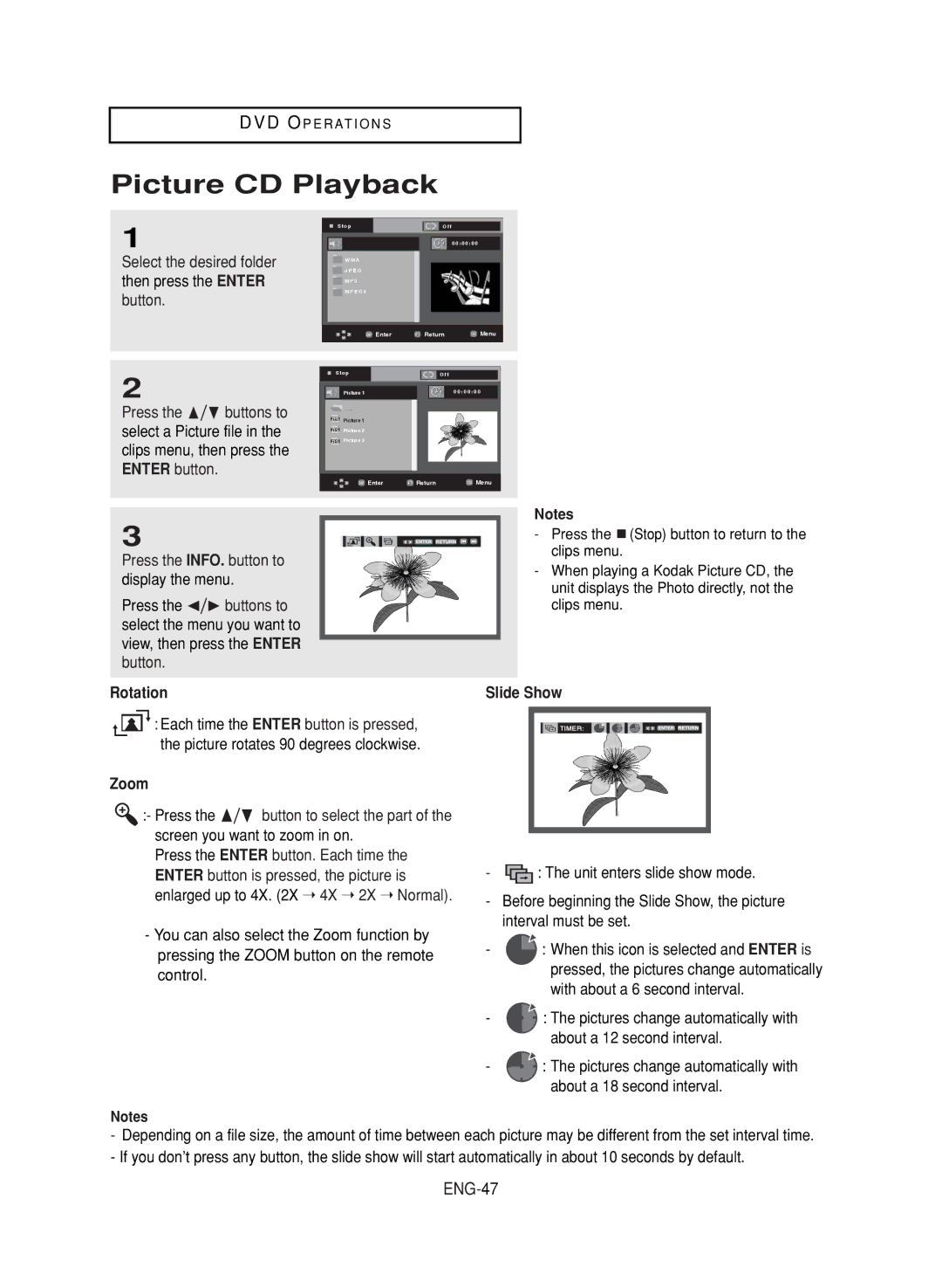 LG Electronics DVD-V9800 instruction manual Picture CD Playback, ENG-47, Rotation, Zoom, Slide Show 