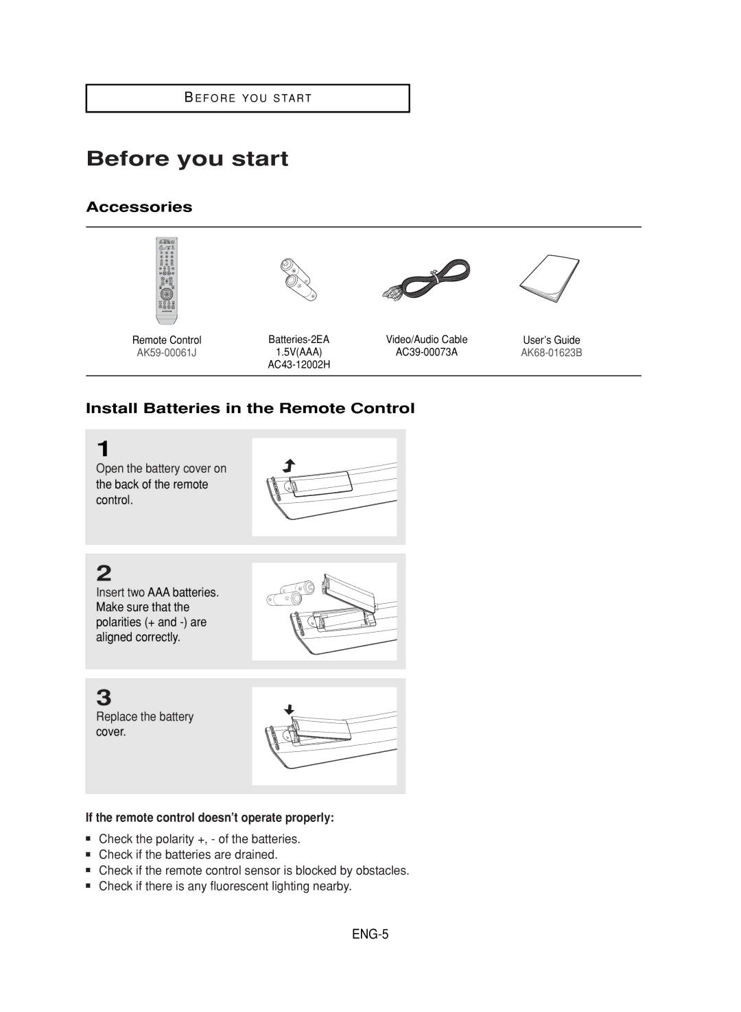 LG Electronics DVD-V9800 instruction manual Before you start, Accessories, Install Batteries in the Remote Control 