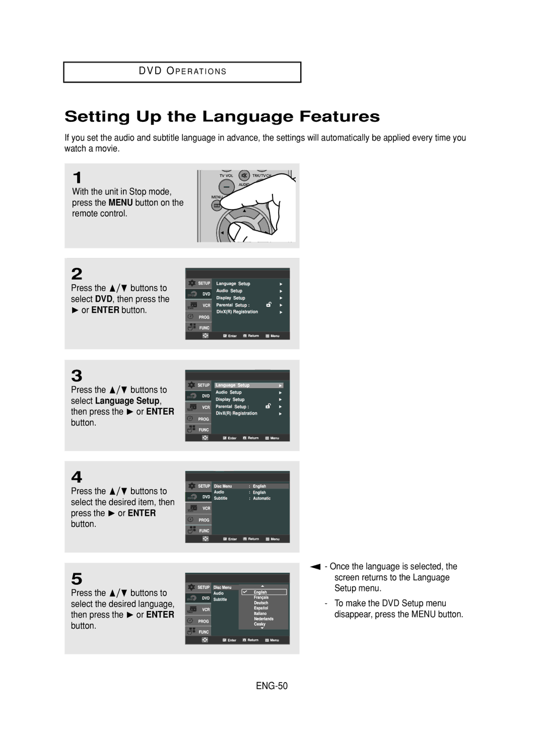 LG Electronics DVD-V9800 instruction manual Setting Up the Language Features, ENG-50 