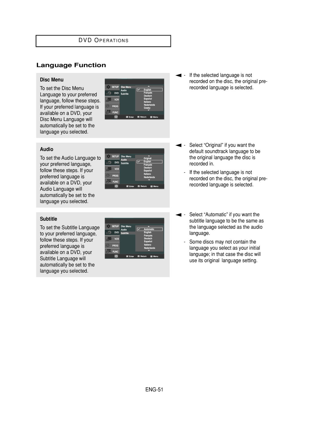 LG Electronics DVD-V9800 instruction manual Language Function, ENG-51, Disc Menu, Audio, Subtitle 