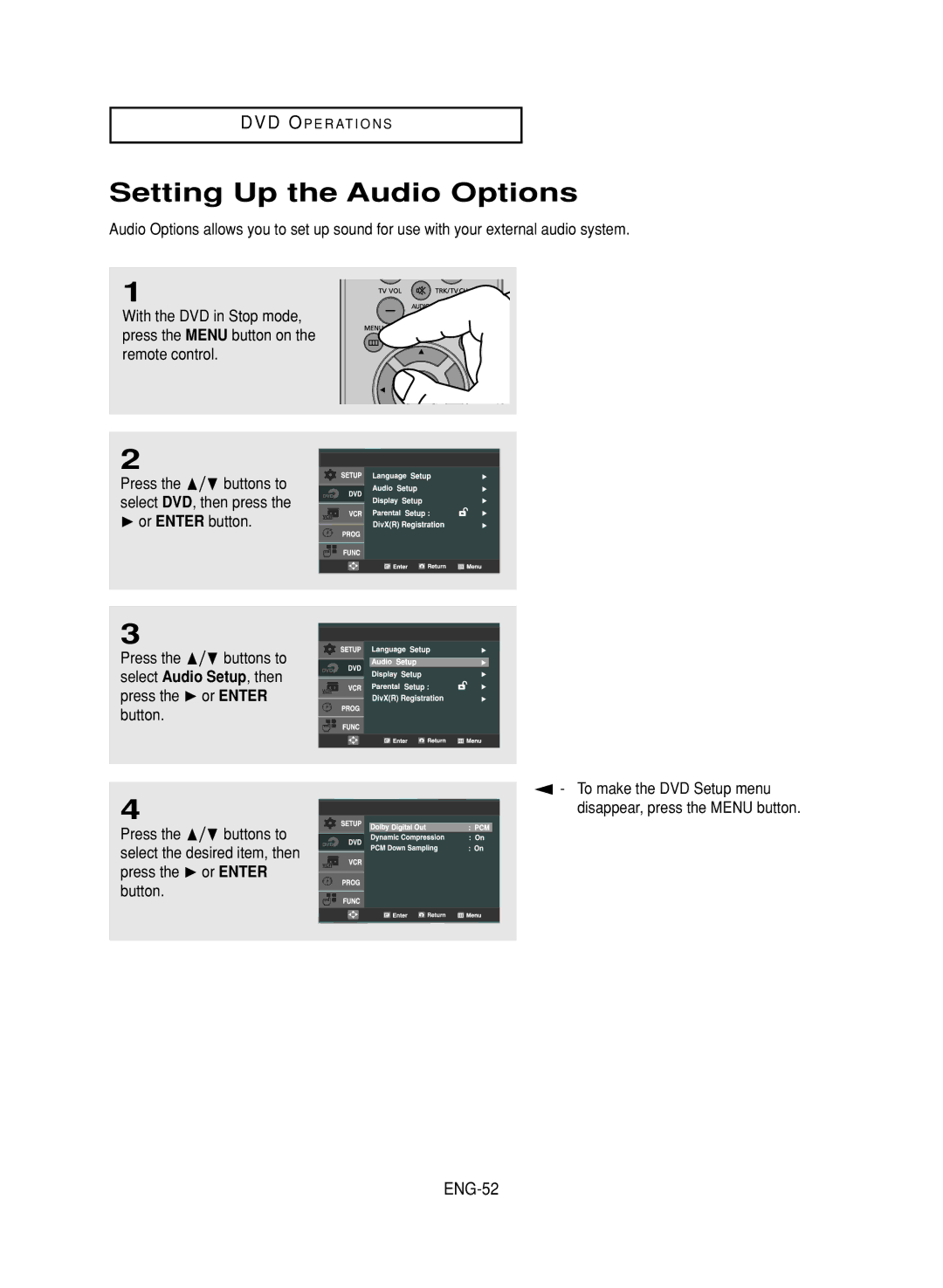 LG Electronics DVD-V9800 instruction manual Setting Up the Audio Options, ENG-52 