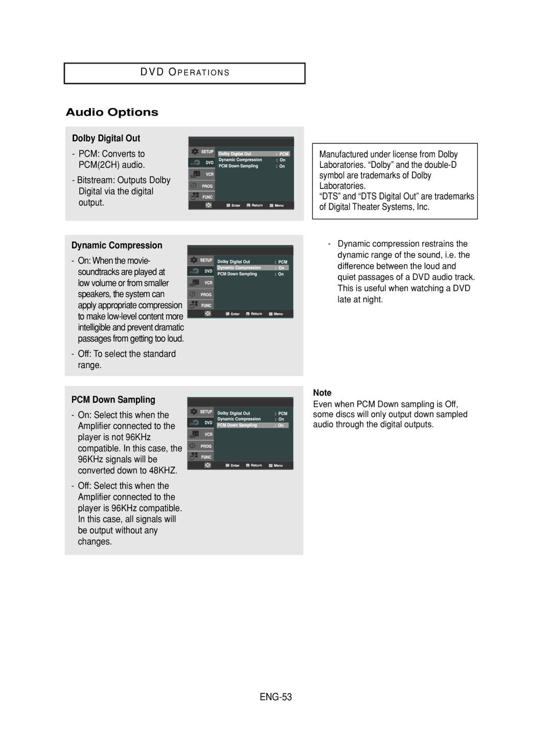 LG Electronics DVD-V9800 Audio Options, ENG-53, Dolby Digital Out, Dynamic Compression, PCM Down Sampling 