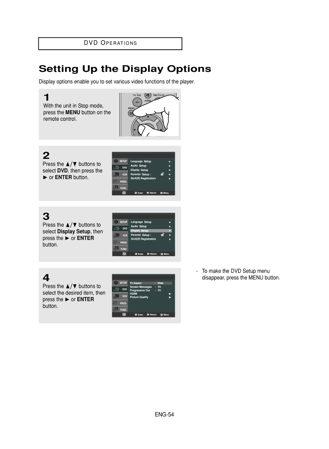 LG Electronics DVD-V9800 instruction manual Setting Up the Display Options, ENG-54 