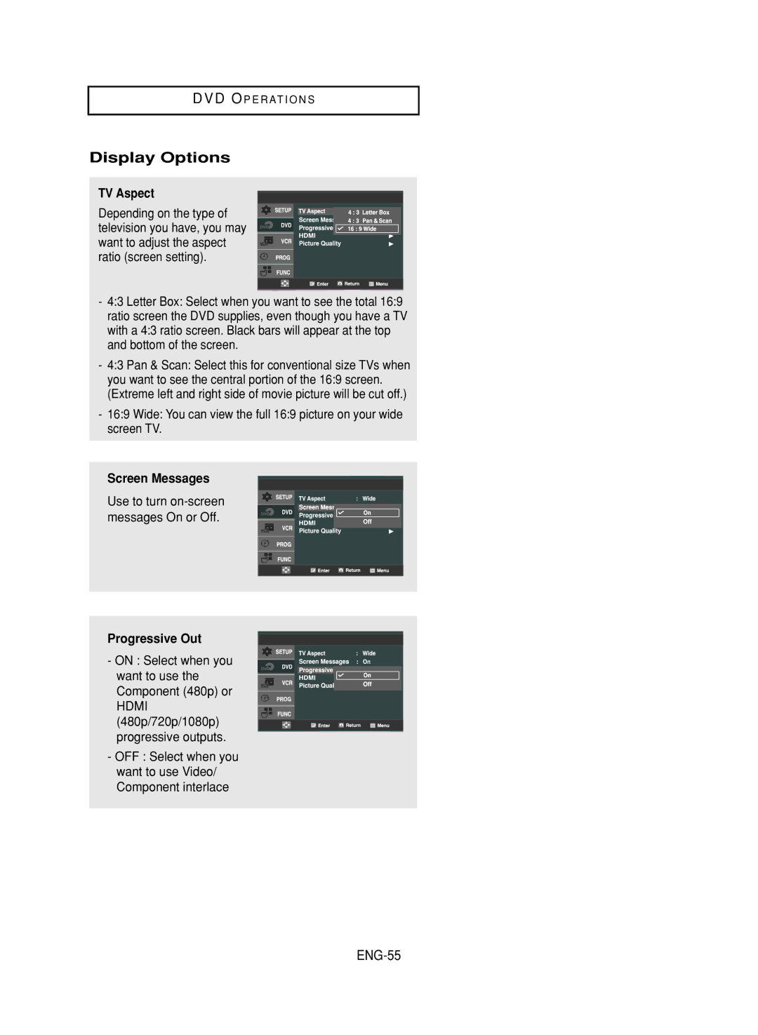 LG Electronics DVD-V9800 instruction manual Display Options, ENG-55, TV Aspect, Screen Messages, Progressive Out 