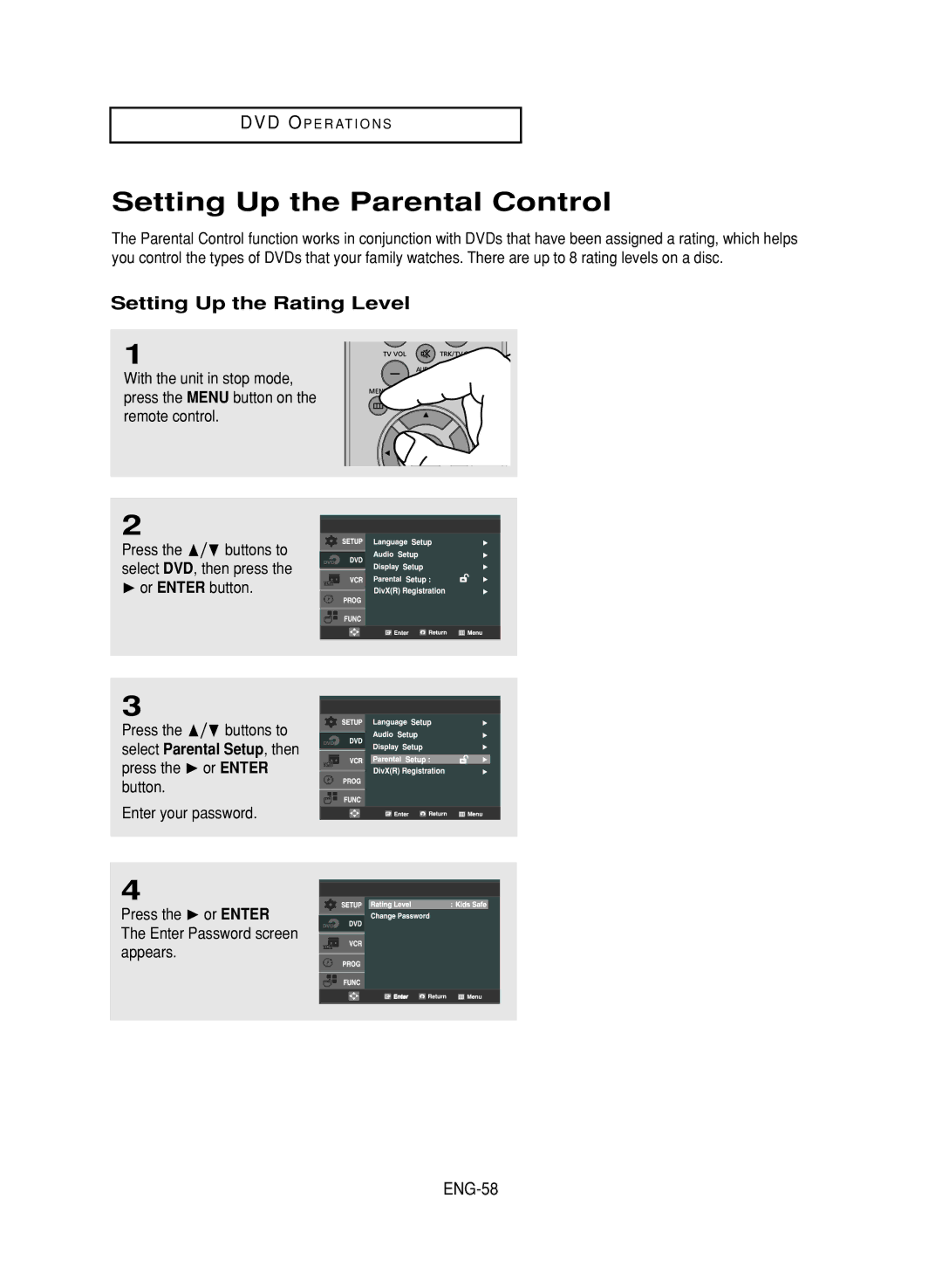 LG Electronics DVD-V9800 instruction manual Setting Up the Parental Control, Setting Up the Rating Level, ENG-58 