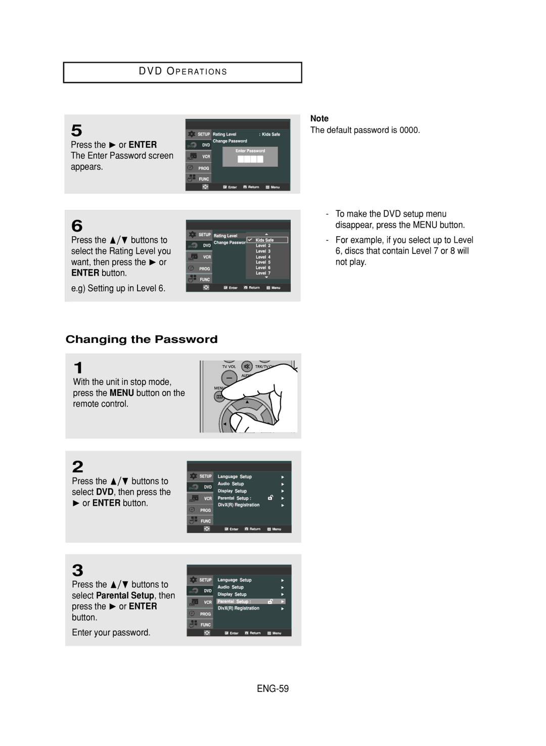 LG Electronics DVD-V9800 instruction manual Changing the Password, ENG-59, To make the DVD setup menu, Not play 