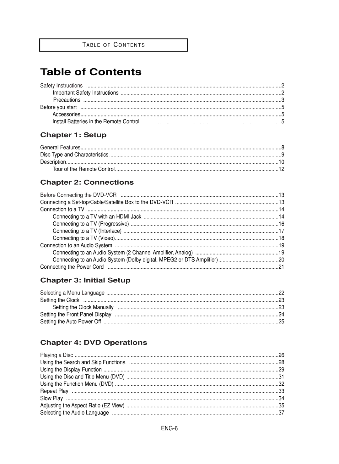 LG Electronics DVD-V9800 instruction manual Table of Contents 