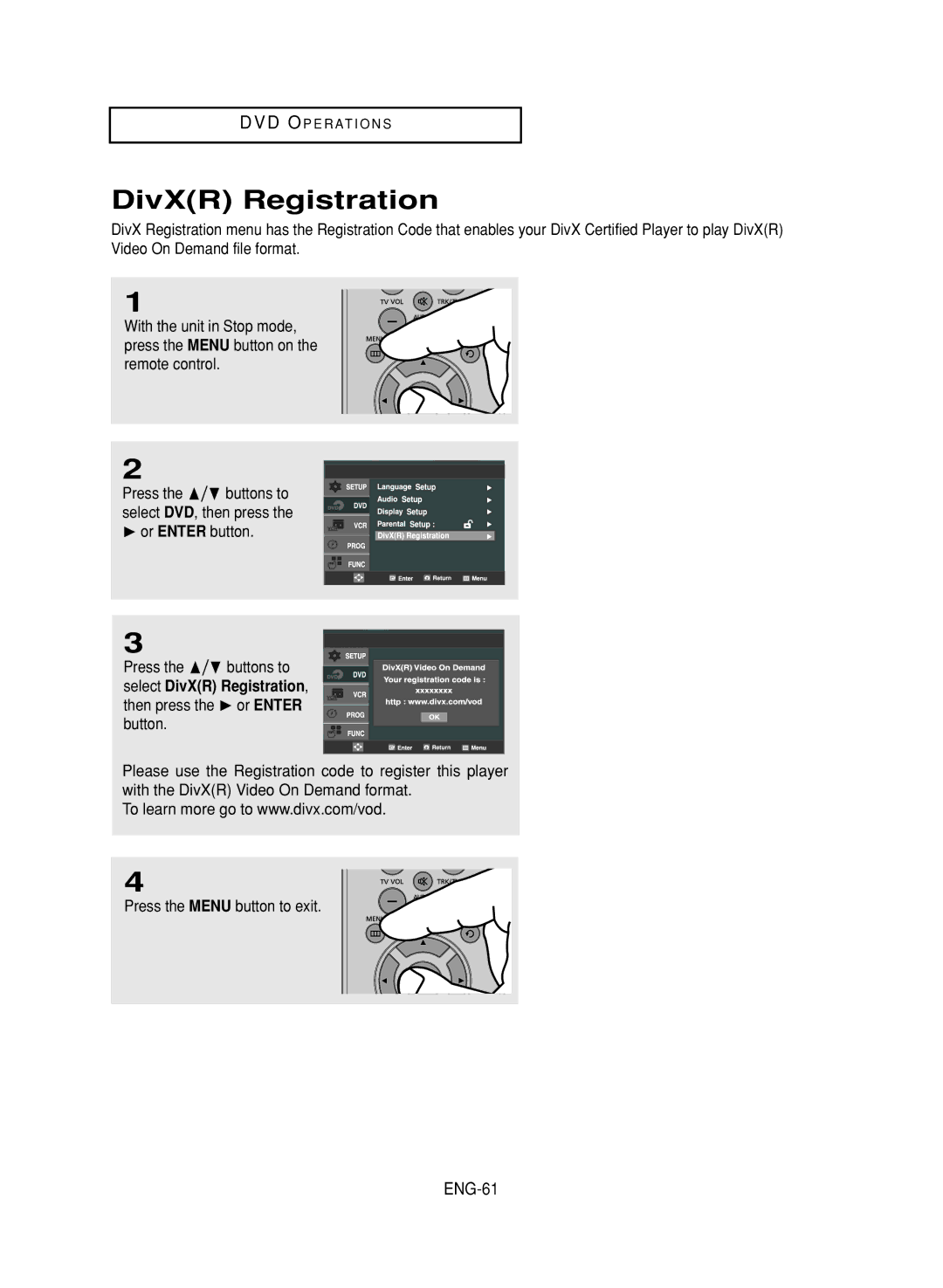 LG Electronics DVD-V9800 instruction manual DivXR Registration, ENG-61 