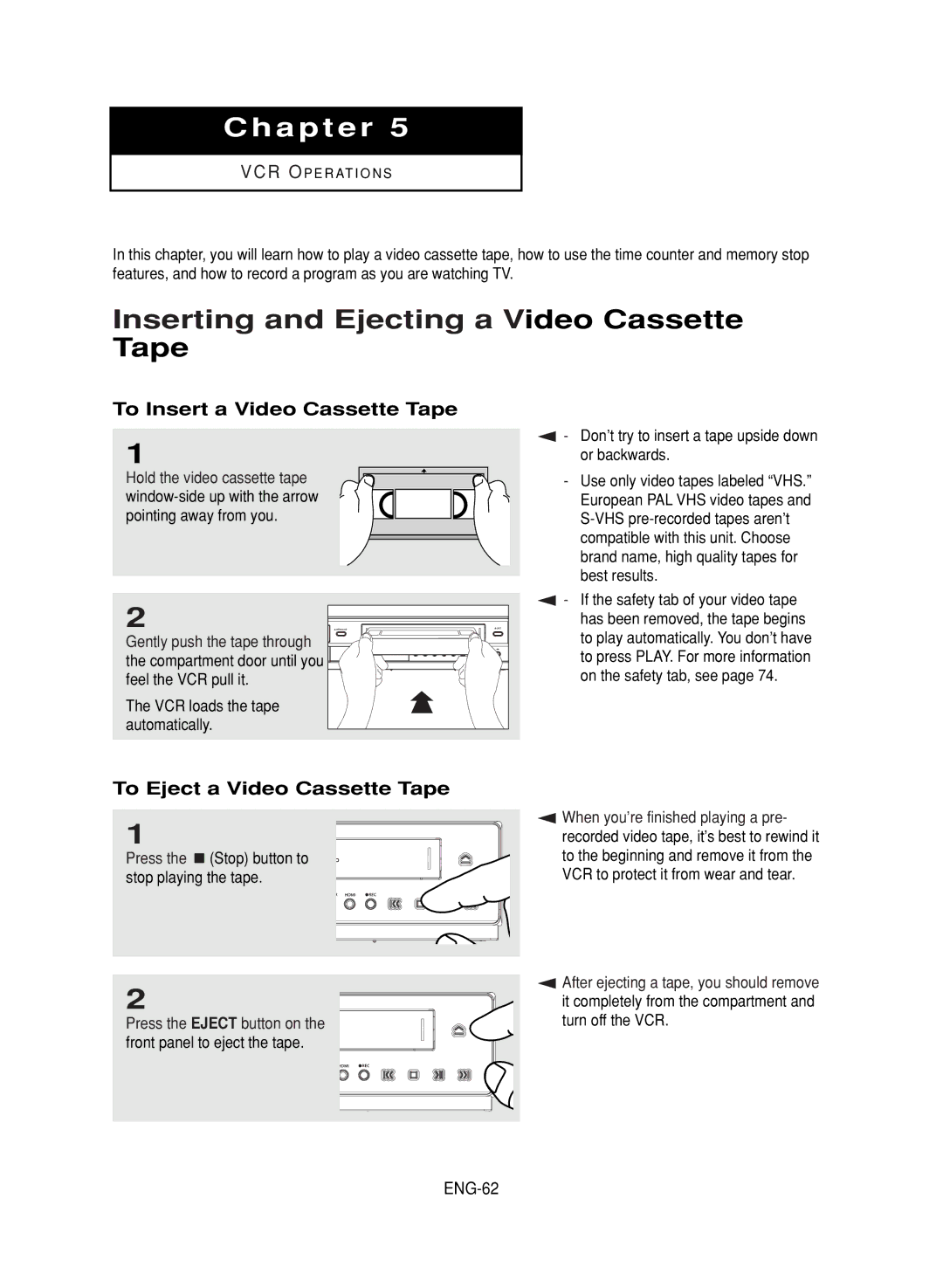 LG Electronics DVD-V9800 Inserting and Ejecting a Video Cassette Tape, To Insert a Video Cassette Tape, ENG-62 