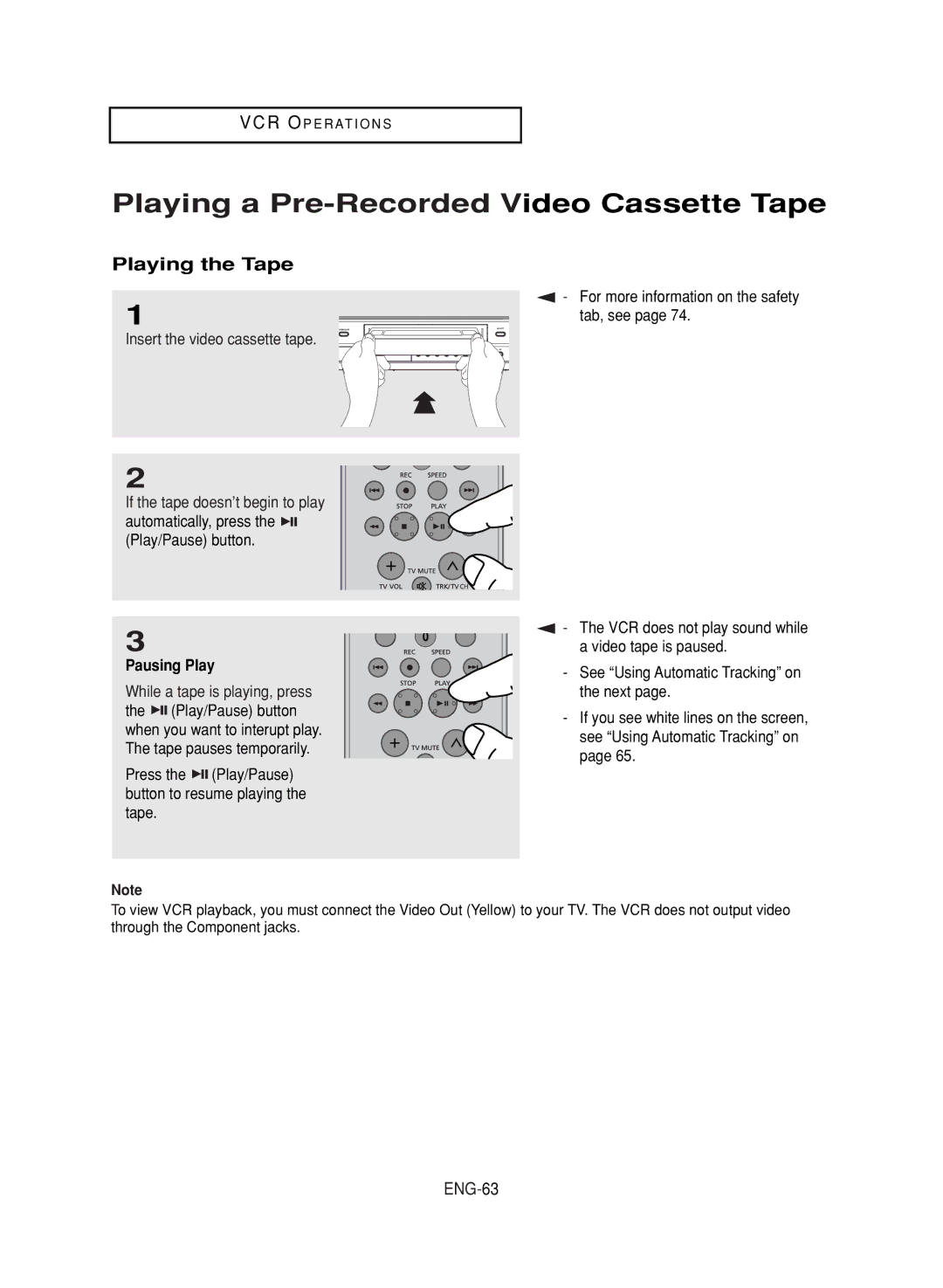 LG Electronics DVD-V9800 instruction manual Playing a Pre-Recorded Video Cassette Tape, Playing the Tape, ENG-63 