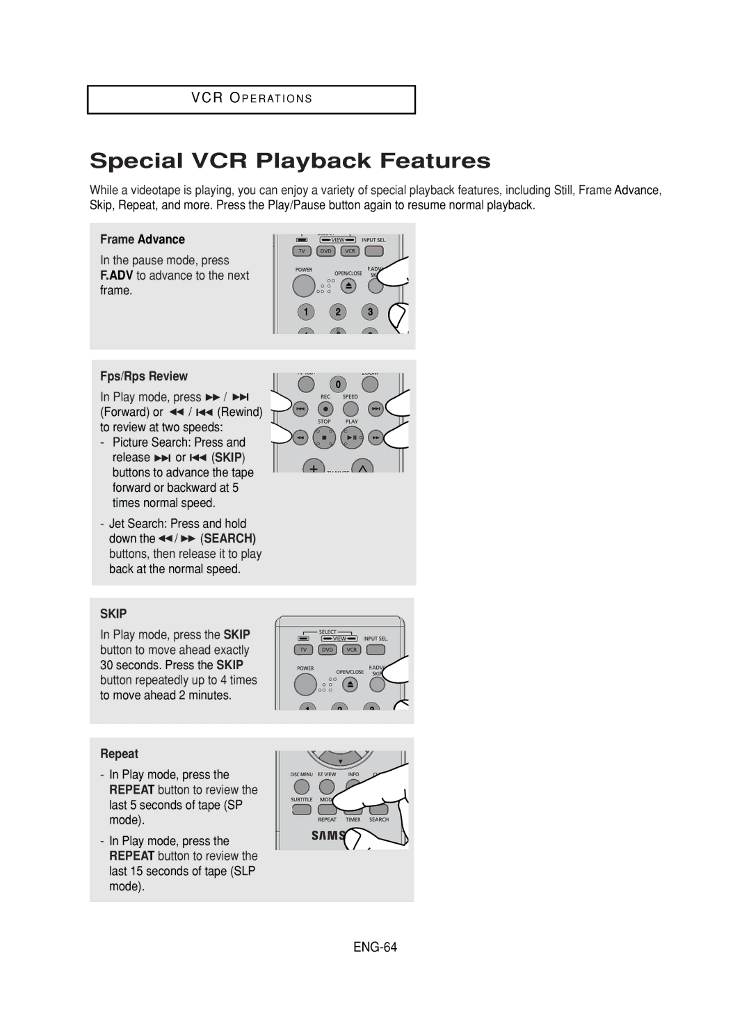 LG Electronics DVD-V9800 instruction manual Special VCR Playback Features, ENG-64, Frame Advance, Fps/Rps Review, Repeat 