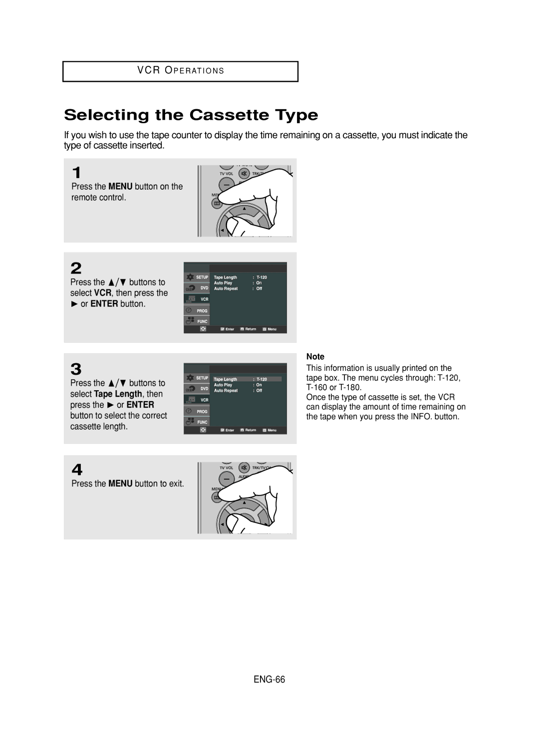 LG Electronics DVD-V9800 Selecting the Cassette Type, ENG-66, Press the Menu button on the remote control 