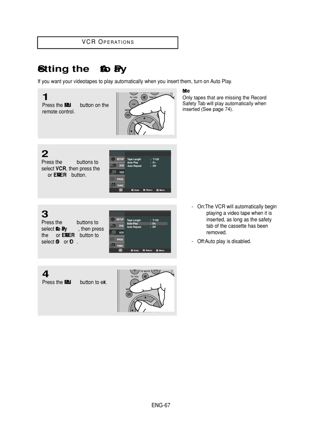 LG Electronics DVD-V9800 instruction manual Setting the Auto Play, ENG-67 