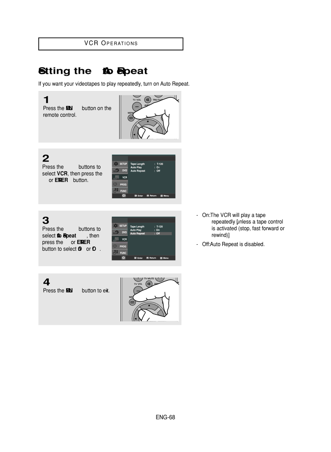 LG Electronics DVD-V9800 instruction manual Setting the Auto Repeat, ENG-68 