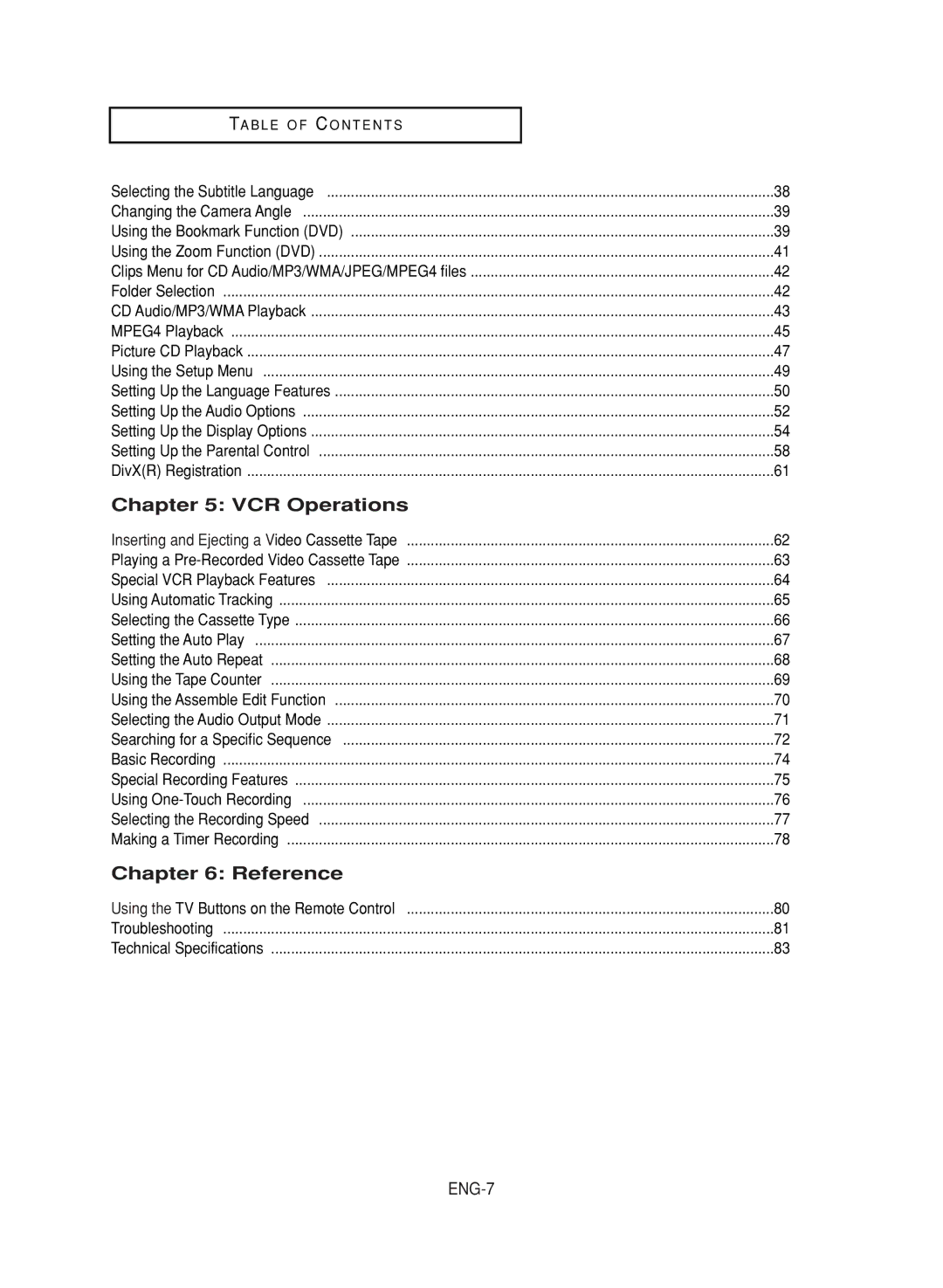 LG Electronics DVD-V9800 instruction manual VCR Operations, Reference 