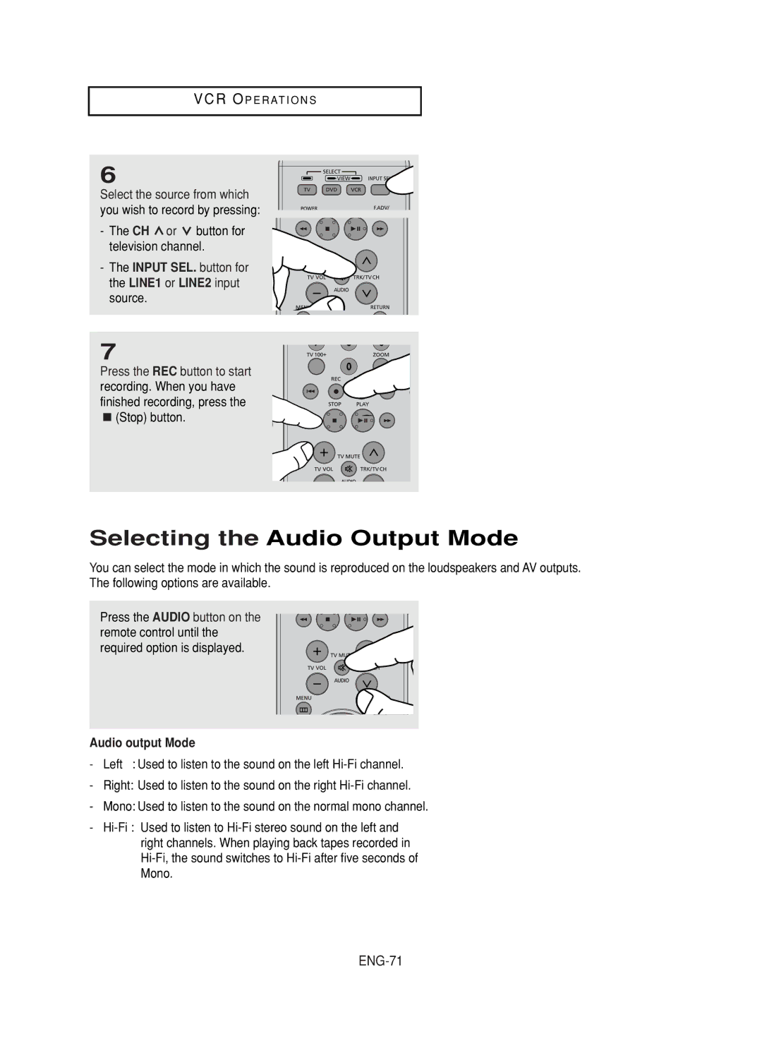 LG Electronics DVD-V9800 Selecting the Audio Output Mode, ENG-71, LINE1 or LINE2 input source, Audio output Mode 