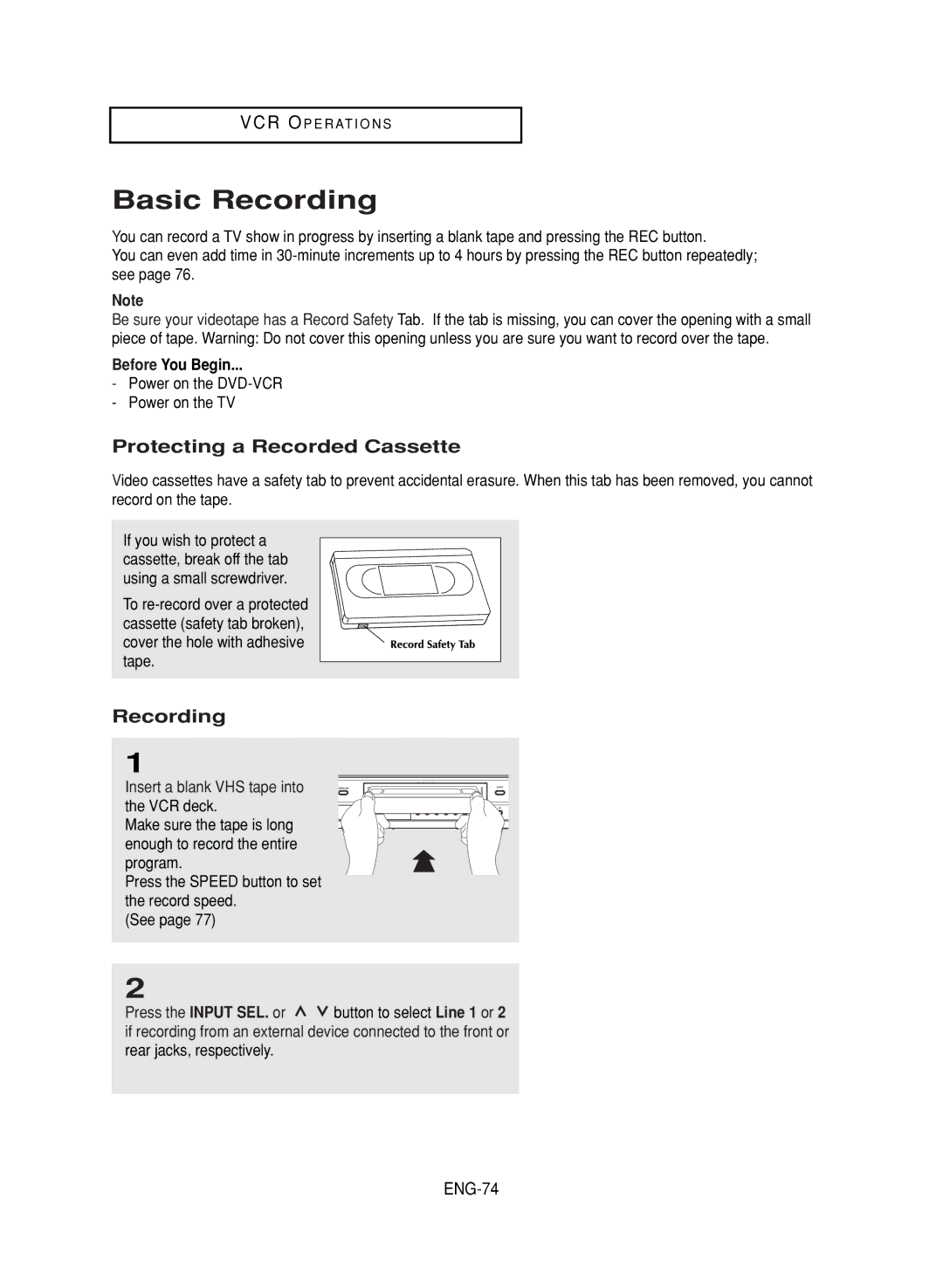 LG Electronics DVD-V9800 instruction manual Basic Recording, Protecting a Recorded Cassette, ENG-74, Before You Begin 