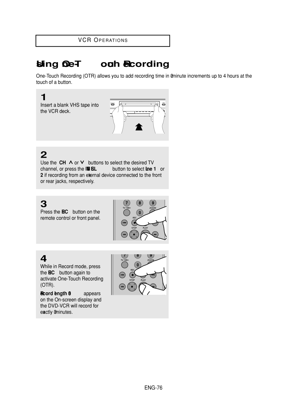 LG Electronics DVD-V9800 instruction manual Using One-Touch Recording, ENG-76 