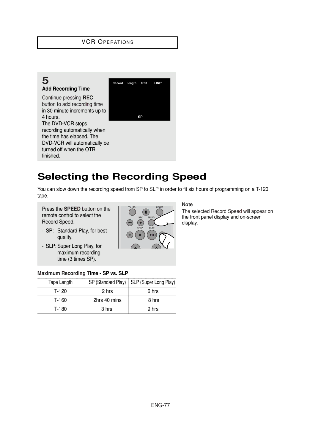 LG Electronics DVD-V9800 Selecting the Recording Speed, ENG-77, Add Recording Time, Maximum Recording Time SP vs. SLP 