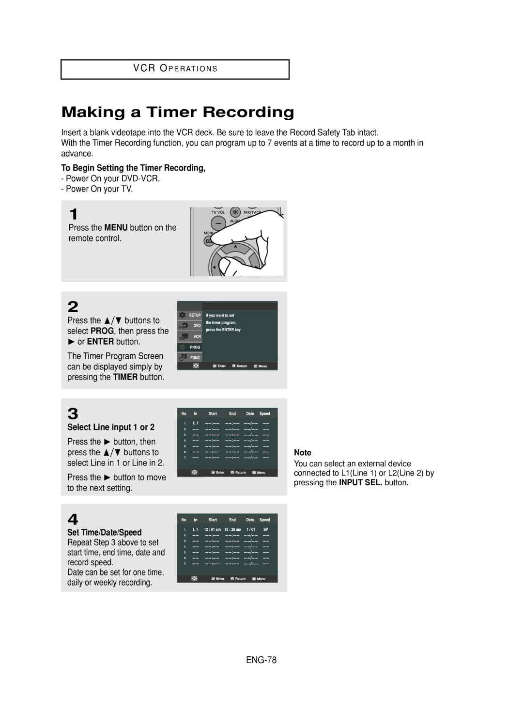 LG Electronics DVD-V9800 Making a Timer Recording, ENG-78, To Begin Setting the Timer Recording, Select Line input 1 or 