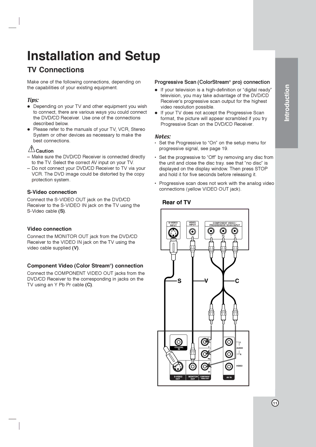 LG Electronics DVT418 owner manual TV Connections, Video connection, Progressive Scan ColorStream pro connection 