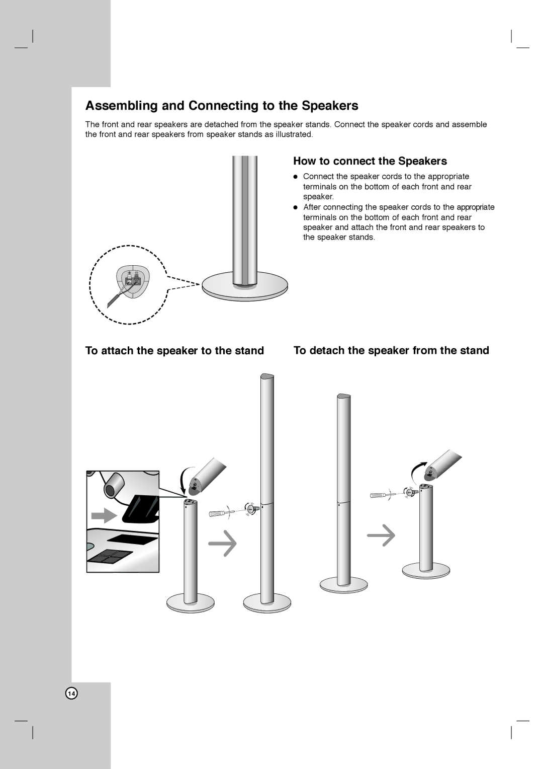 LG Electronics DVT418 owner manual Assembling and Connecting to the Speakers, How to connect the Speakers 