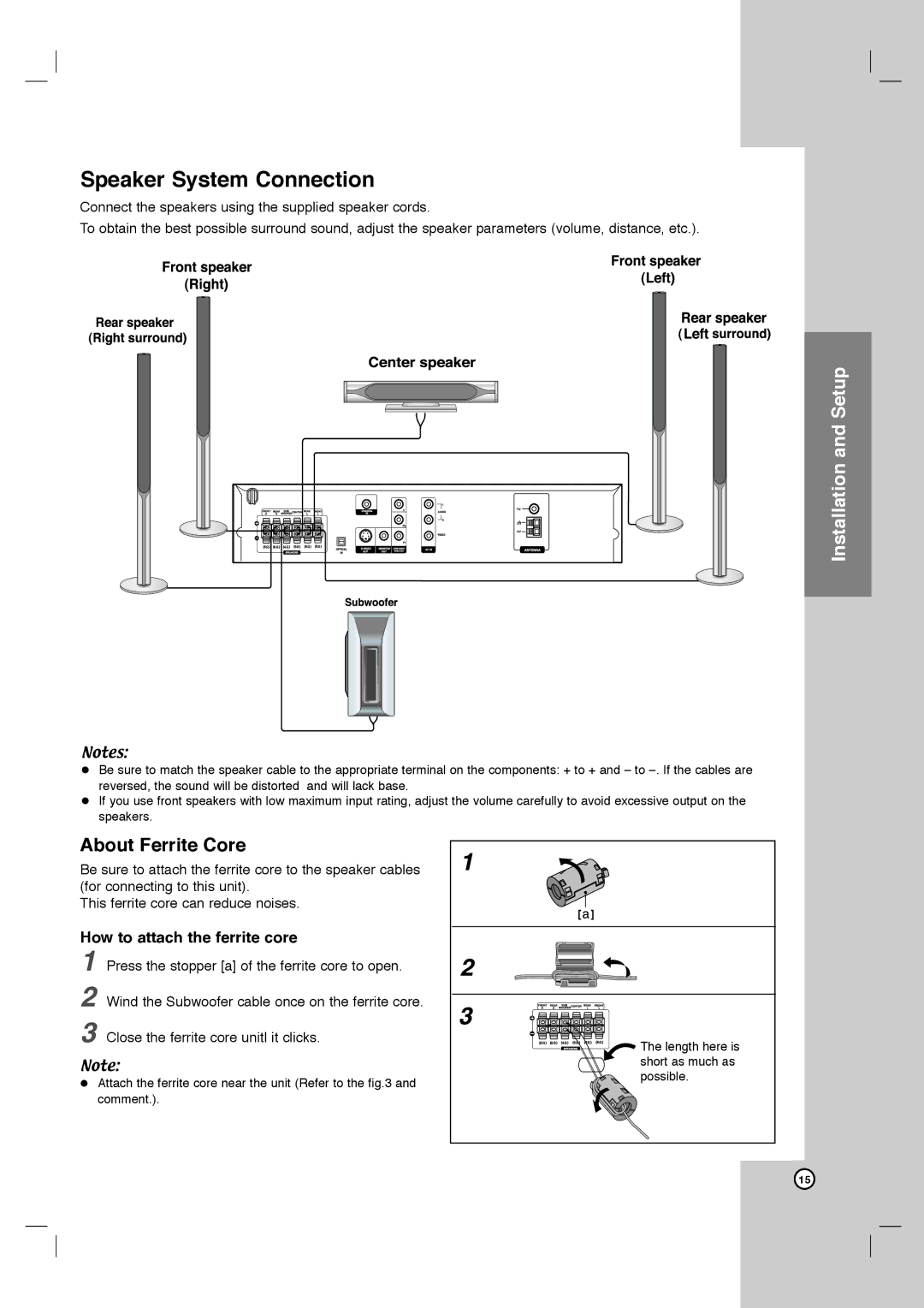 LG Electronics DVT418 owner manual Speaker System Connection, How to attach the ferrite core 