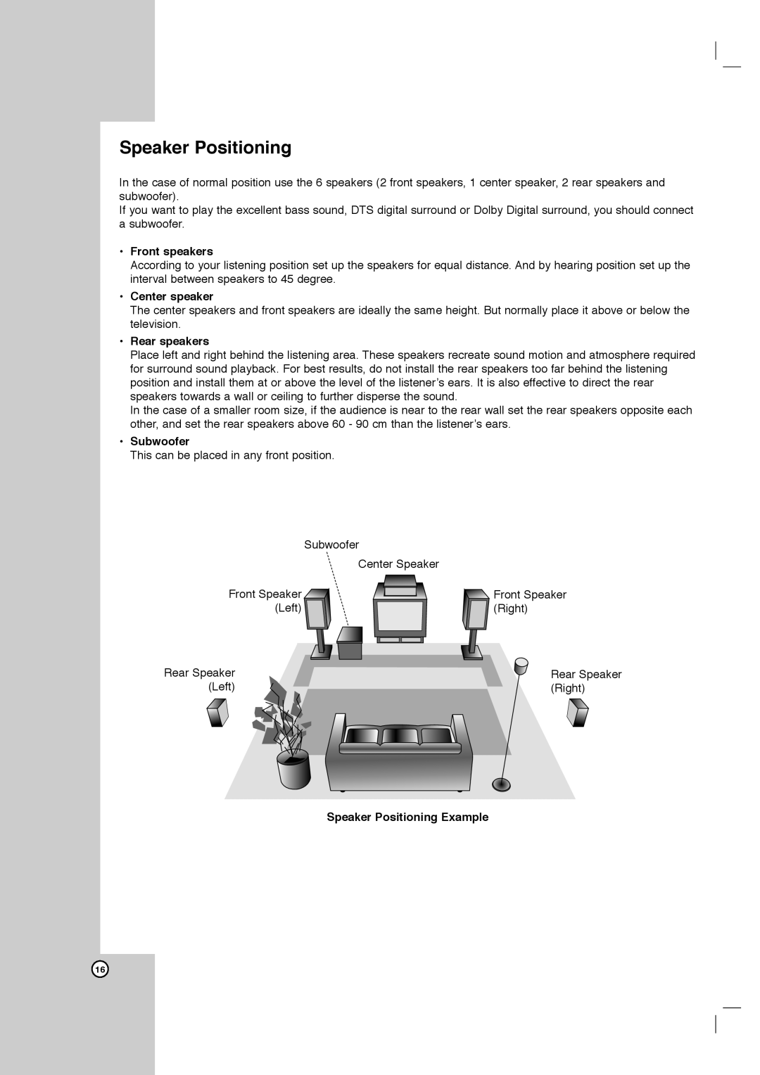 LG Electronics DVT418 owner manual Speaker Positioning 