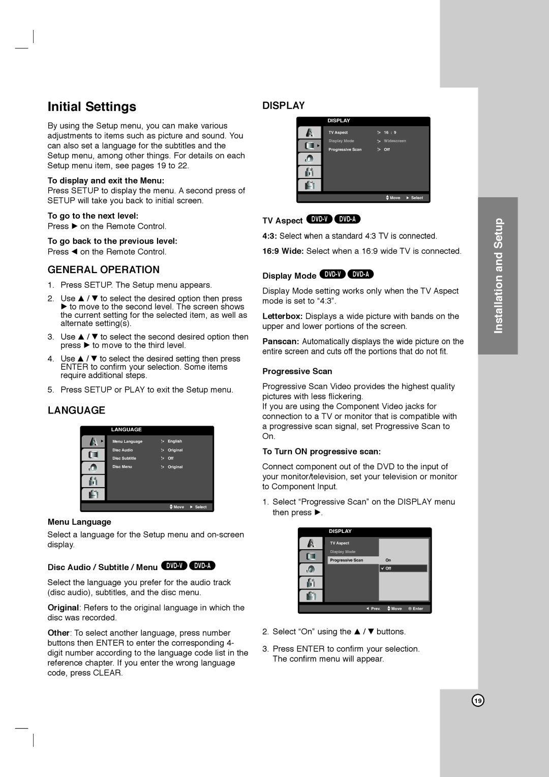 LG Electronics DVT418 owner manual Initial Settings, General Operation, Language, Display 