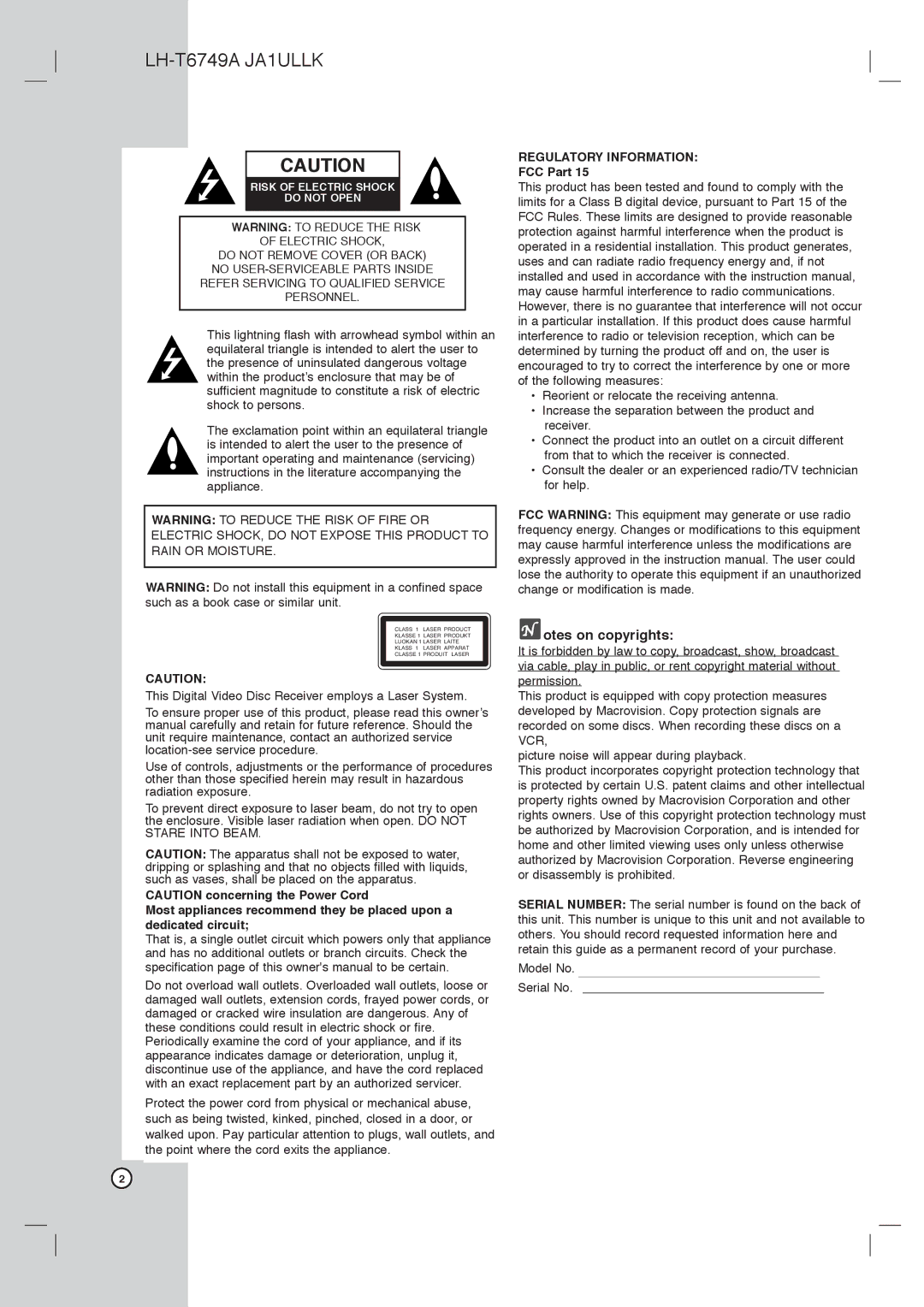 LG Electronics DVT418 owner manual LH-T6749A JA1ULLK, Otes on copyrights 