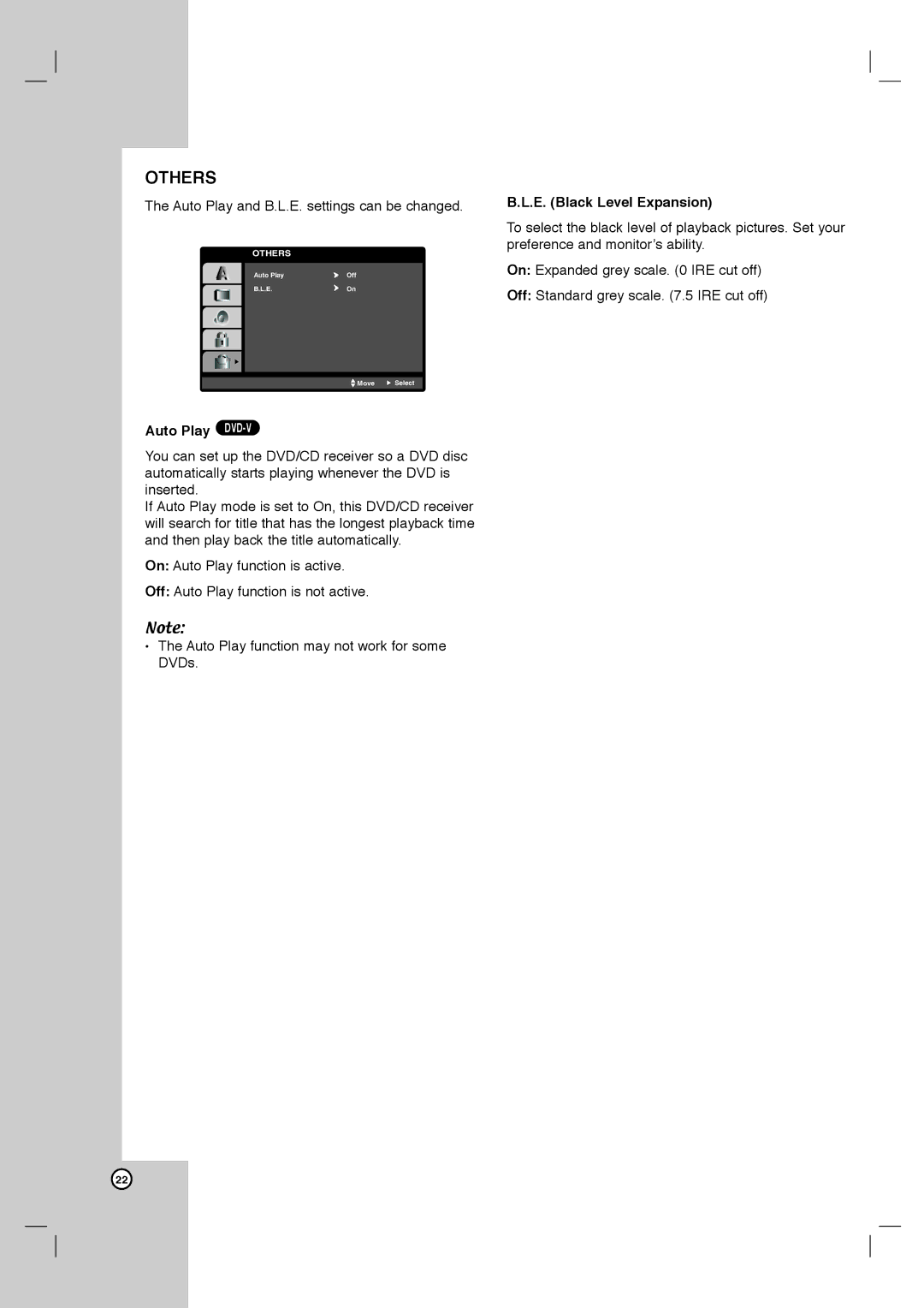 LG Electronics DVT418 owner manual Others, Auto Play DVD-V, E. Black Level Expansion 
