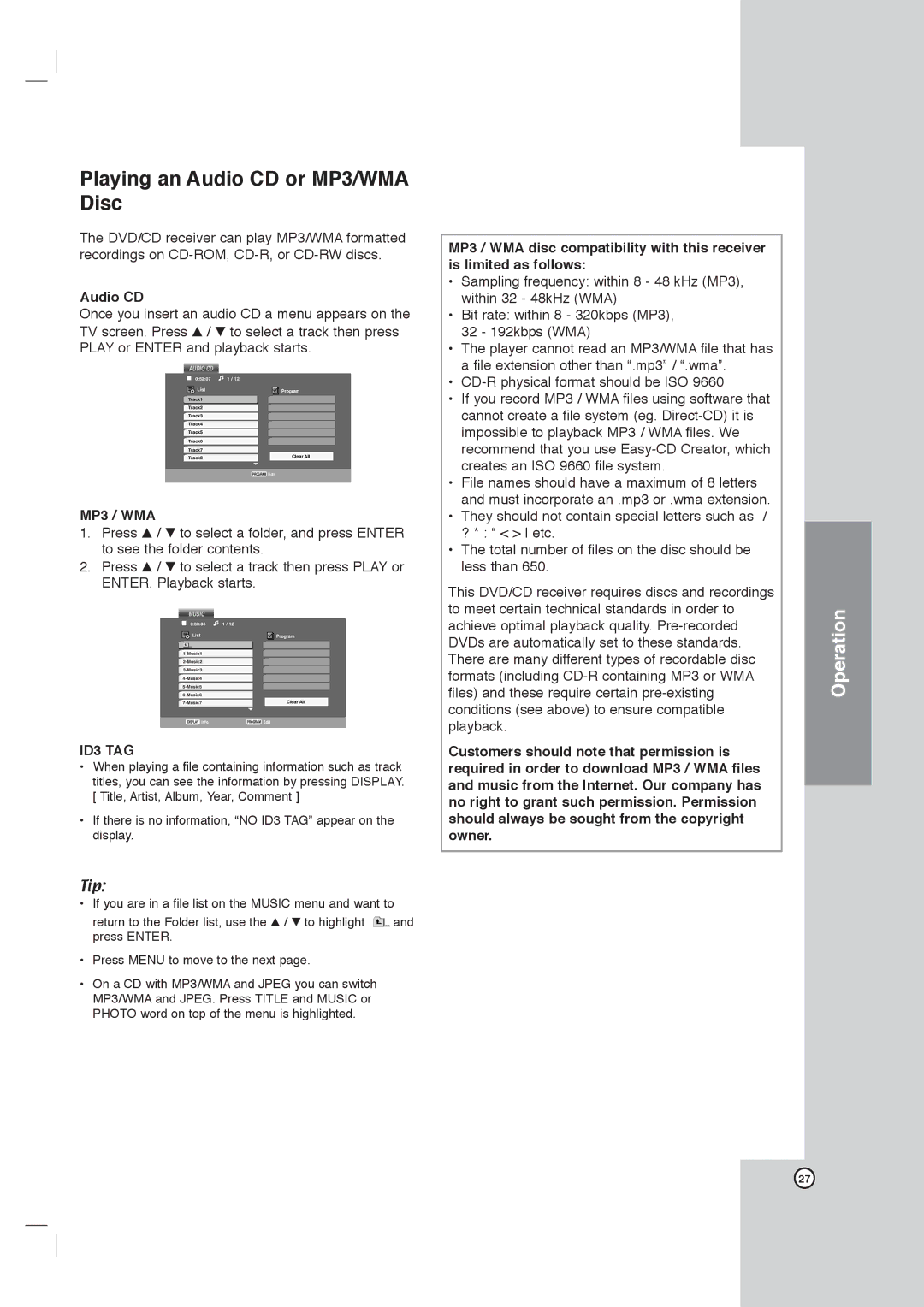 LG Electronics DVT418 owner manual Audio CD, MP3 / WMA, ID3 TAG 