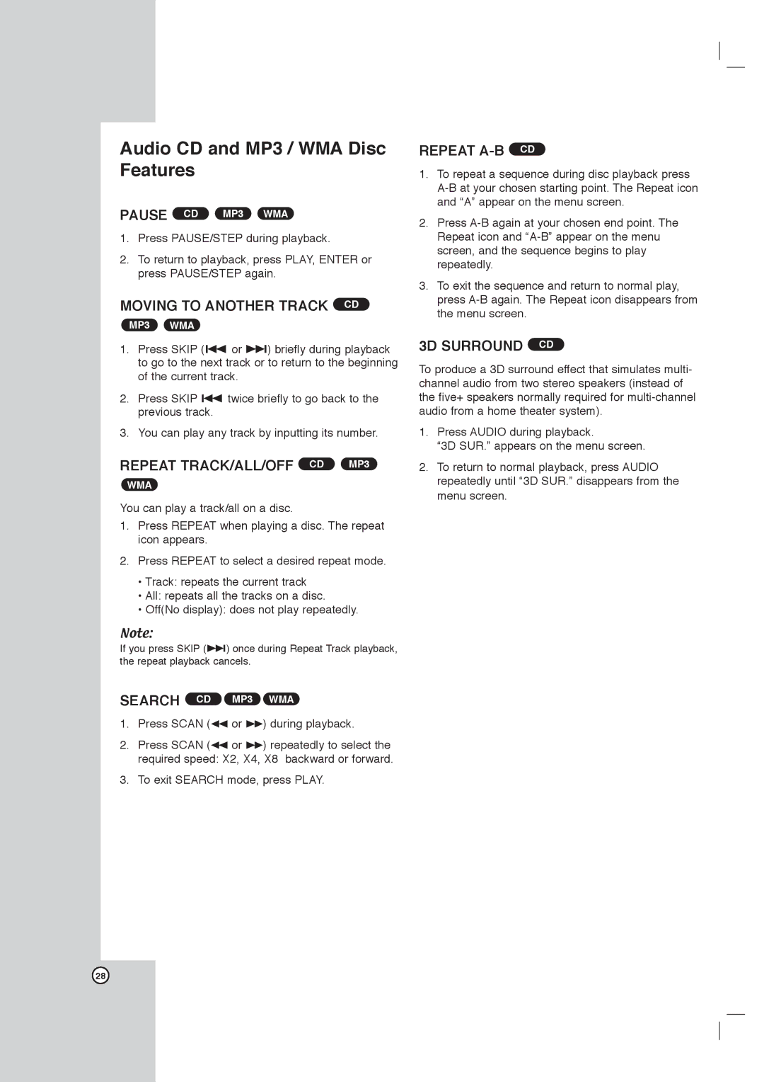 LG Electronics DVT418 Audio CD and MP3 / WMA Disc Features, Moving to Another Track CD, Repeat TRACK/ALL/OFF CD MP3 