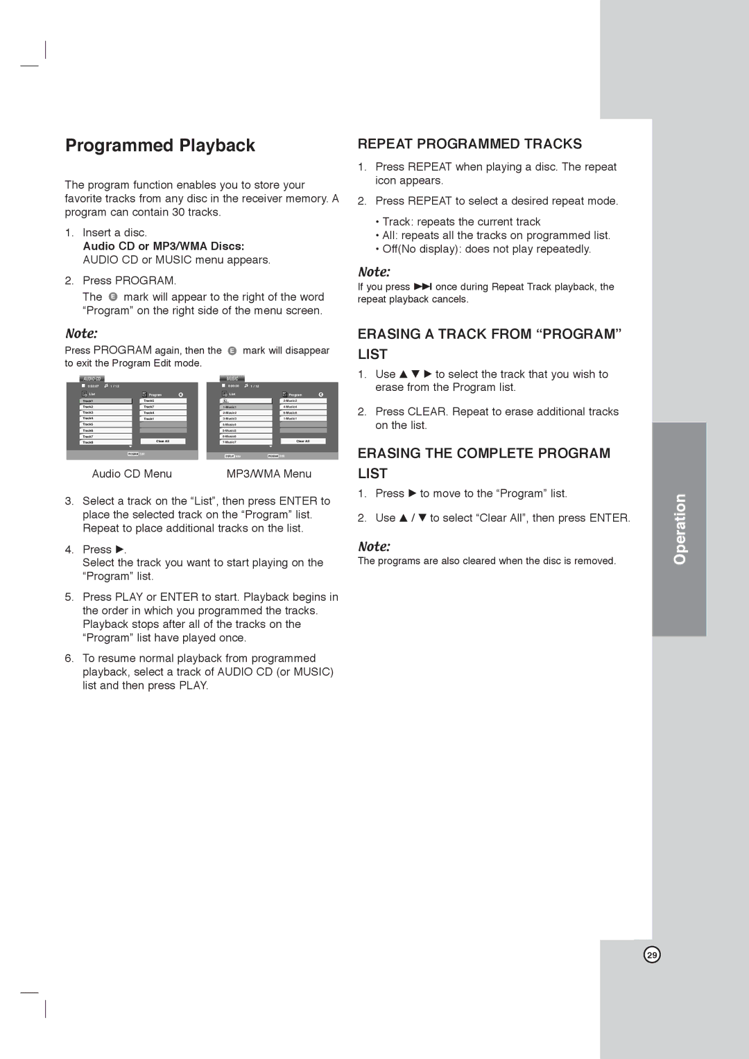 LG Electronics DVT418 owner manual Programmed Playback, Repeat Programmed Tracks, Erasing a Track from Program List 