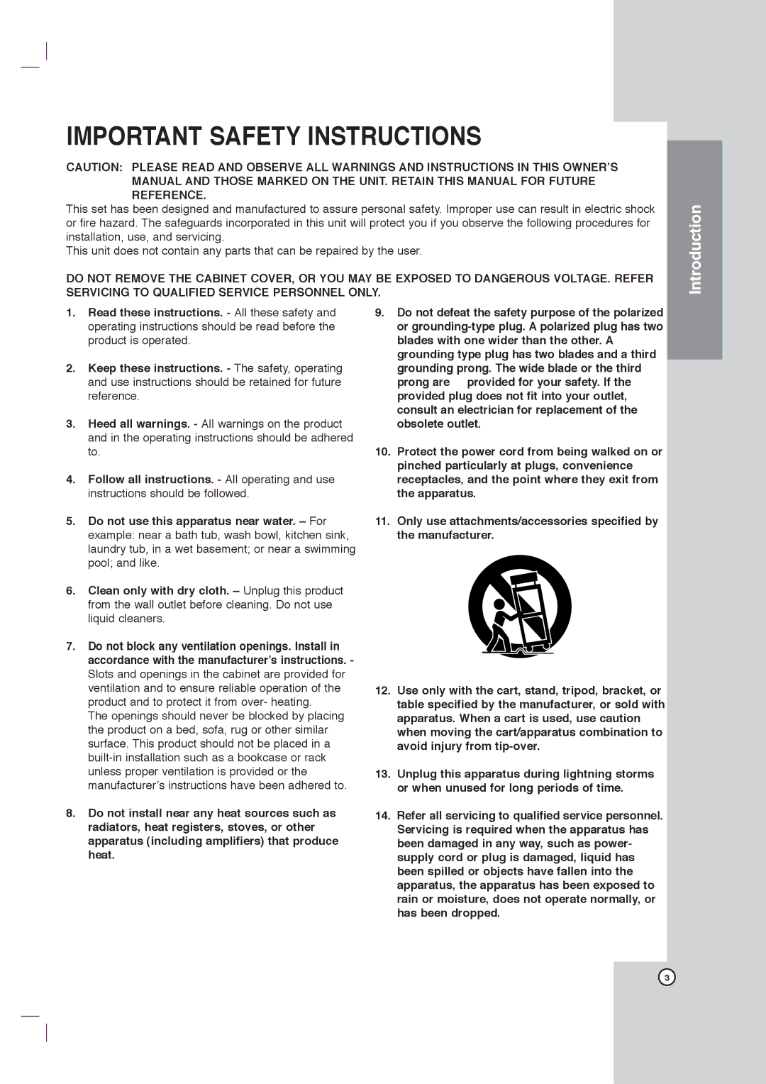 LG Electronics DVT418 owner manual Important Safety Instructions 