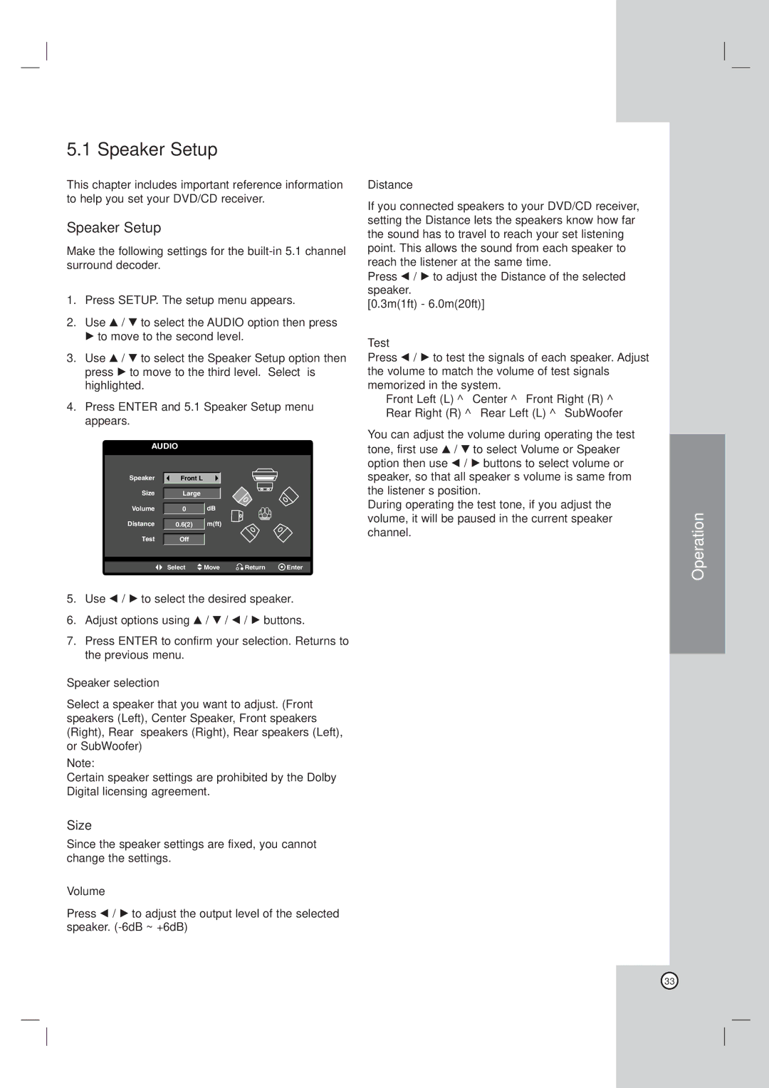 LG Electronics DVT418 owner manual Speaker Setup, Size 