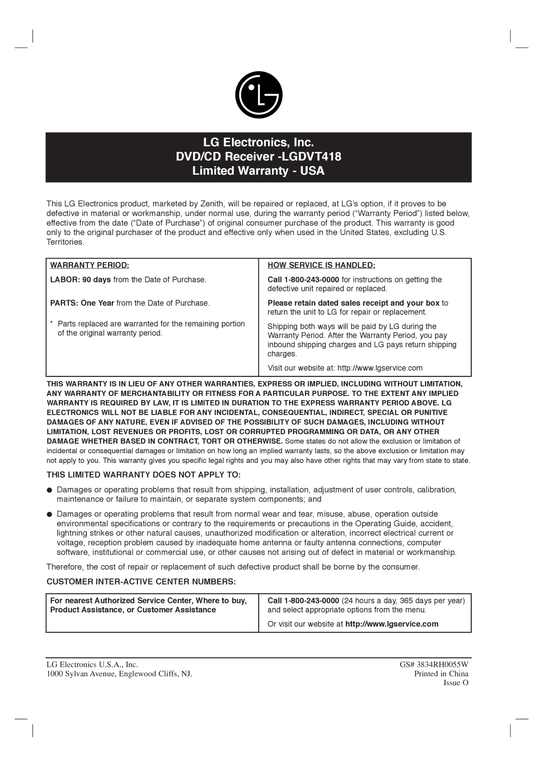 LG Electronics DVT418 owner manual This Limited Warranty does not Apply to, Customer INTER-ACTIVE Center Numbers 