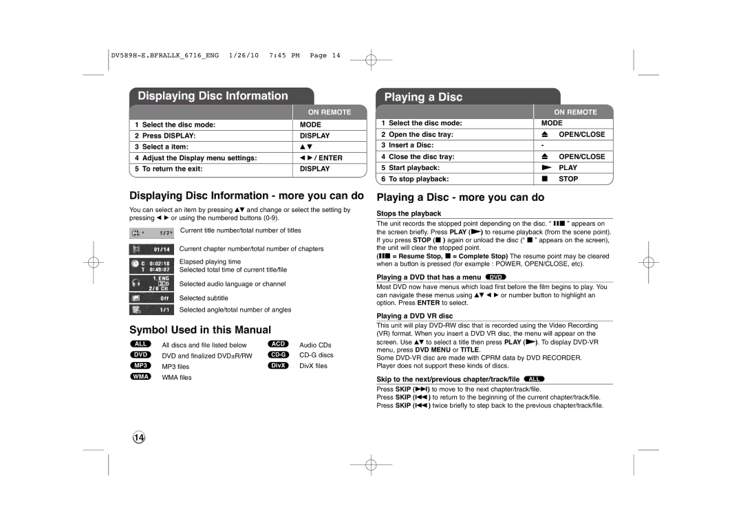 LG Electronics DVT589H Playing a Disc, Displaying Disc Information more you can do, Symbol Used in this Manual 