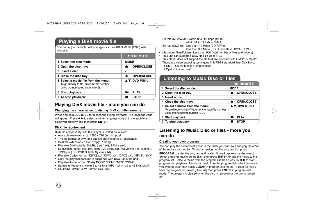 LG Electronics DVT589H owner manual Playing a DivX movie file, Listening to Music Disc or files 