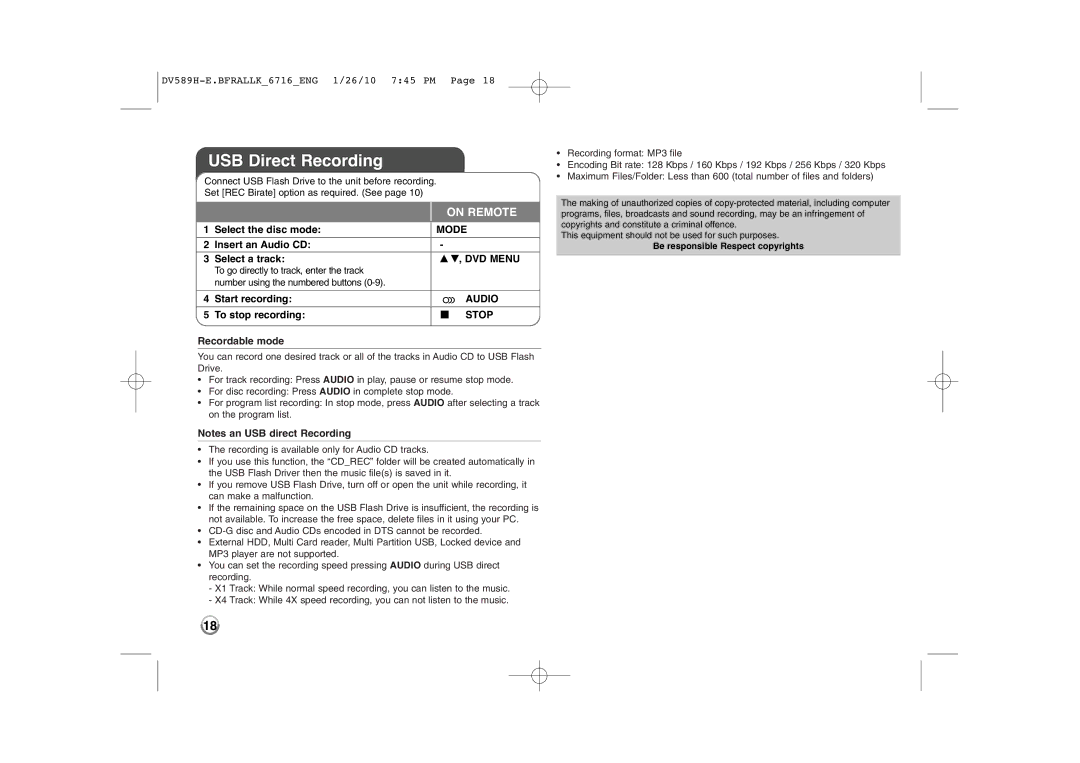 LG Electronics DVT589H owner manual USB Direct Recording, Insert an Audio CD Select a track DVD Menu, Start recording 